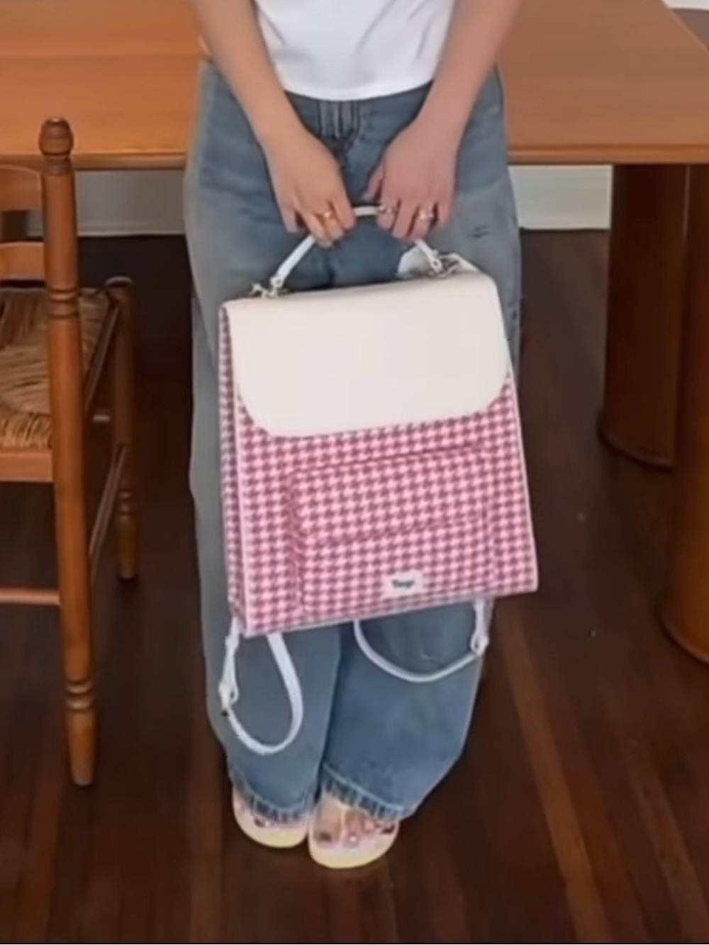New Pink Houndstooth Top-Handle Convertible Backpack with Cream Flap